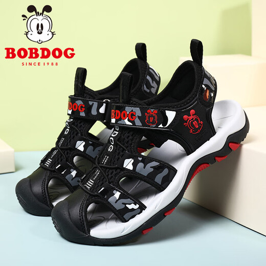 巴布豆（BOBDOG）童鞋男童凉鞋夏季新款时尚透气儿童包头沙滩鞋软底防滑旋转扣鞋子 902黑红色 39 码/内长24.5cm