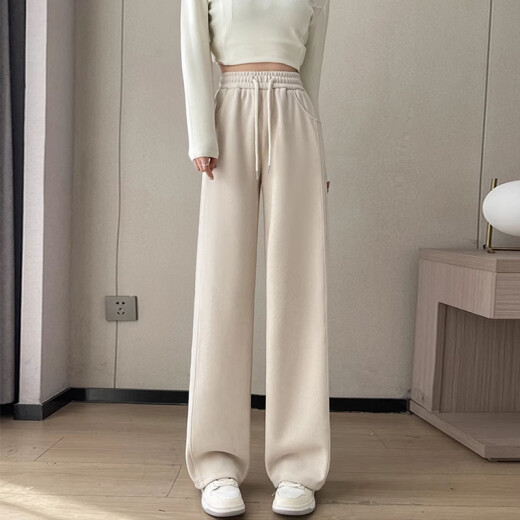 Rote Dragonfly Schmale Version Weitbeinhose für Frauen 2025 Frühlings- und Herbst neue Freizeithosen für Frauen plus Samt Spring Sports Straight Hosen 689# Beige weiße Länge - plus Samt Super Soft Velvet XL