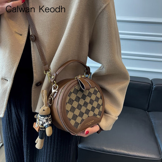 CALWAN KEODH包包女包新款2025单肩斜挎包小圆包轻奢生日七夕情人节礼物送女友 【菱格咖色】时尚通勤手提包送老婆高级实用