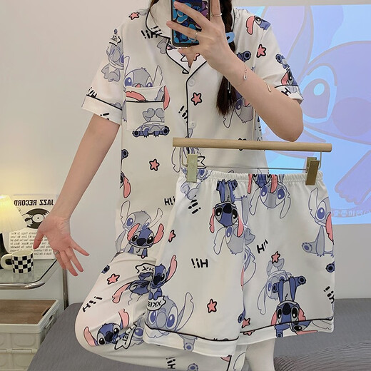 浅物史迪仔三件套睡衣女短袖短裤长裤棉夏季2025年新款学生可爱卡通 14137#星星拉布布 三件套 M  80-100斤