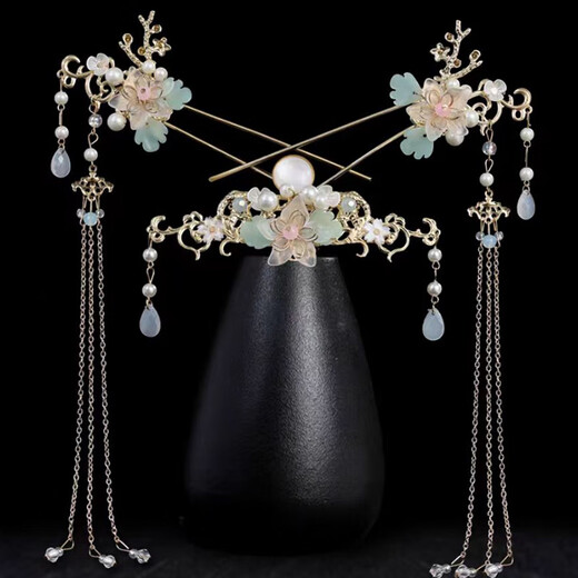 Bai Qixin's Hanfu headdress, tassels, rocking hairpins and earrings, a complete set of ancient style pair clips, super fairy hair accessories, clips, ancient costume decorative accessories, gold flower hair accessories set - ear clips and ear hooks