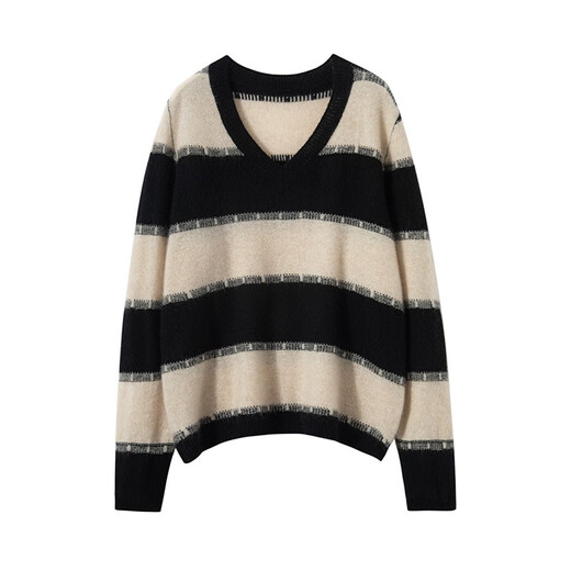Pash Cashmere Sweater Women's 100% Cashmere Autumn and Winter V-neck Single Yarn Loose Striped Knitted Sweater TY-3134 Green Velvet + Black One Size