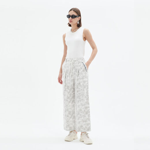 KANG S WONDERLAND star's same style American light luxury printed wide-leg pants with straps khaki casual pants washed cotton pants blue L