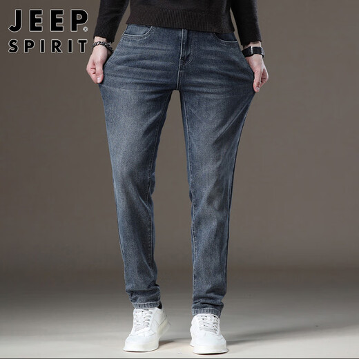 JEEP SPIRIT吉普牛仔裤男加绒加厚保暖直筒秋冬季男士修身休闲长裤子男