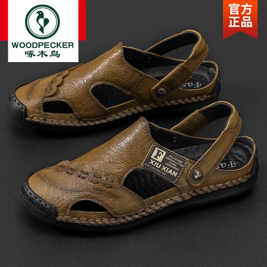 Woodpecker brand sandals men's leather top layer cowhide sandals summer breathable outdoor non-slip casual soft-soled beach shoes black A689 42
