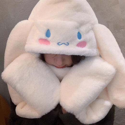 溪谷幽幽玉桂狗耳朵会动帽子女秋冬围巾手套一体保暖三件套可爱毛绒护耳帽 白色三件套一体【耳朵按会动】