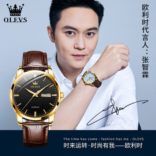 欧利时（OLEVS）瑞士认证品牌手表男机械表全自动男士手表防水夜光时尚商务男腕表 OLEVS-6629男-棕皮黑面