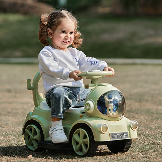 Helinte four-wheel seating children's electric car baby car child toy adult can push car charging child car gift fresh green [remote control + large battery pedal throttle push rod guardrail + Bluetooth music