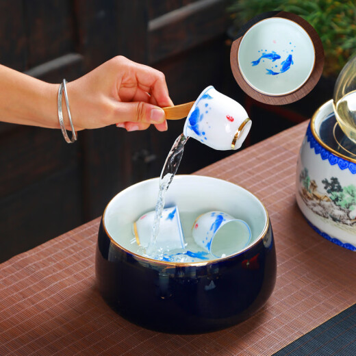 Chunyitang Jingdezhen hand-painted celadon glaze Kung Fu tea set home office teapot cup lid bowl gift box 8-head hand-painted fish play others