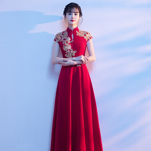 LIBAIXIN CHOIR Performance Kostüm Frauen langer Rock 2025 neuer roter Song Solo Performance, der chinesischen Stil Cheongsam Abendkleid Burgund L empfohlen 100-110jin [Jin ist 0,5 kg]