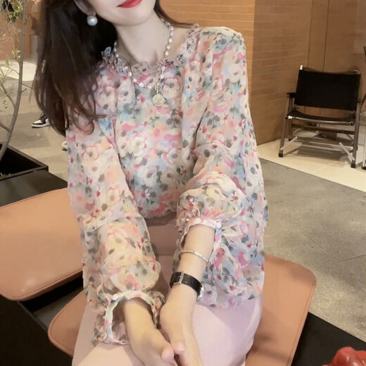 月袖欧洲站设计感气质百搭碎花圆领雪纺衬衫女春新款洋气别致长袖上衣 花色 9905 M 建议95-105斤