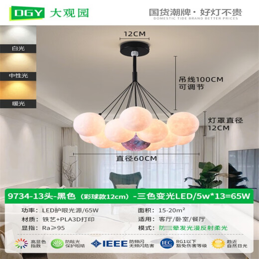 Grand View Garden (DGY) Simple Living Room Chandelier Creative Bedroom Light Moon Bubble Hanging Line Light Cartoon Planet Chandelier Zhongshan Lamp 001O 9734 Black 13-head Three Color Ball 12cm