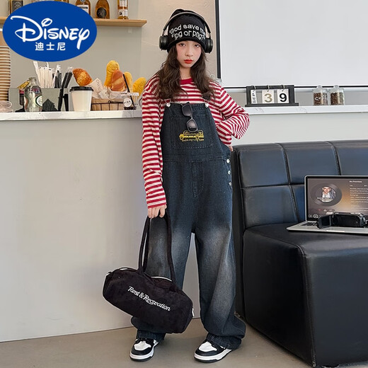 迪士尼（Disney）女童背带裤套装春秋2024新款女大童阔腿牛仔裤初中生儿童洋气套装 牛仔色背带裤 150(适合140-150cm，9-10岁)