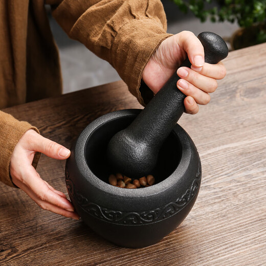 Yiyuanxuan household natural black gold garlic mortar, stone mortar, medicine jar, stone cup, garlic pounder, mashing Wo Leibo pepper, Lianlian fish outer diameter 13CM