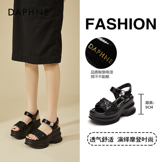 达芙妮（DAPHNE）凉鞋女外穿一字带夏季新款时尚仙女风软底轻便水钻魔术贴女鞋 黑色 跟高9cm 36 (230mm) 标准码
