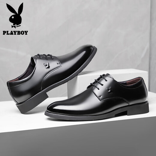 Playboy leather shoes for men business casual top layer cowhide and perforated formal wear soft leather one foot step men's shoes large size new groomsman 1591 black 42