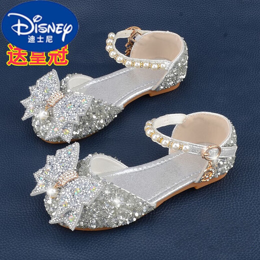 迪士尼（DISNEY）女童银色公主鞋包头蝴蝶结小女孩水晶鞋水钻软底礼服裙儿童高跟鞋 银色 9921-7小跟 30 /鞋内长18.8cm