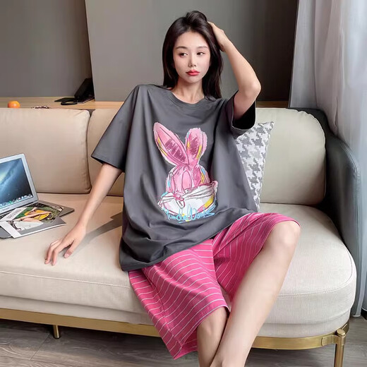 九红妃大码睡衣套装女200斤胖mm纯棉短袖短裤夏季卡通宽松家居服可外穿 MSH828D灰色 均码 （120-200斤）
