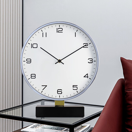 Hense Modern Simple Metal Table Clock Desktop Ornament Clock Living Room Bedroom Fashion Quartz Clock HD8098 Electroplated Silver + Black Marble Base