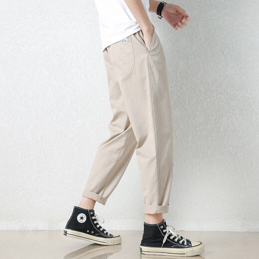 Pantalones casuales judíos para hombres nuevos pantalones de nueve puntos en forma de cono heterosexuales para hombres Pantalones de seda de hielo de moda para hombres 9904 Light caki l