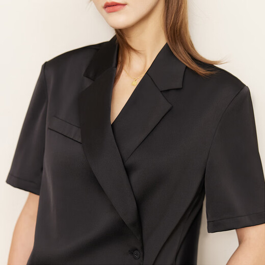 AMII Women's 2025 Summer New Professional Fashion Suit Women's Imitation Acetate Thin Chiffon Top Casual Black-Shirt 12240568 XS 150/76A
