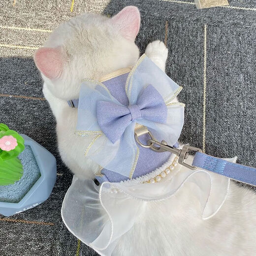 Cat Walking Rope Cat Chest Strap Pull Princess Skirt Dual-purpose Pet Clothes Outdoor Cat Rope Blue (with rope) M-(suitable for bust 28-36cm)
