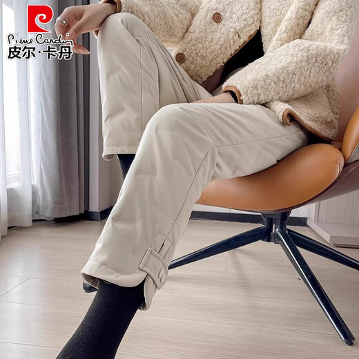 Pierre Cardin cotton trousers for women, winter 2026 new style outer wear, fashionable high-waisted windproof, cold-proof and warm straight workwear down cotton trousers, beige M 80-100Jin Jin is equal to 0.5 kg