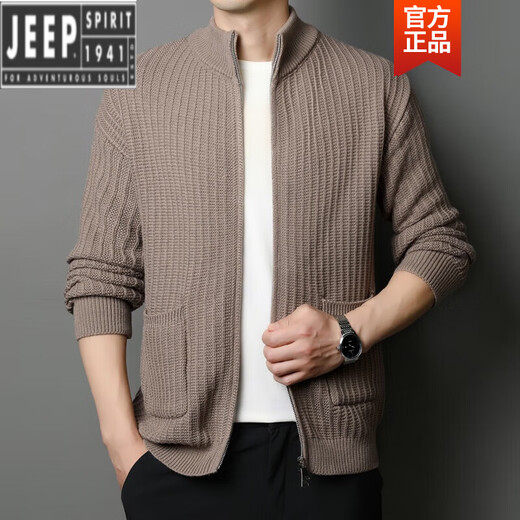 吉普（JEEP）高档开衫毛衣2023春秋新款爸爸拉链粗毛线上衣休闲羊毛针织衫外套 灰色 190/100A4XL建议185-200斤