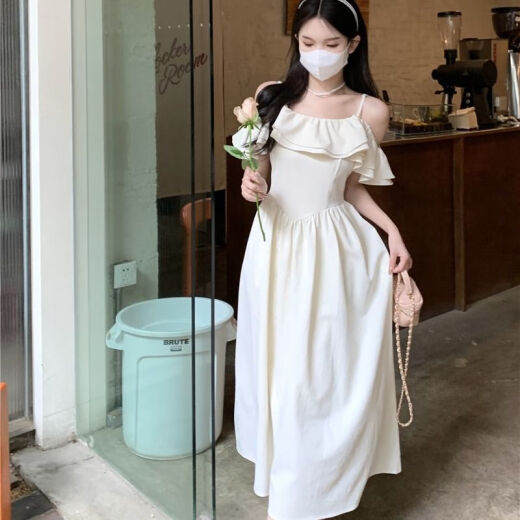 FSHE一字肩吊带连衣裙女设计小众夏季2025法式温柔初恋收腰裙子 1098# L码建议100-110斤
