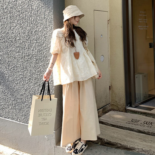 Geman Maternity Summer Suit Two-once Cotton Hollow Shirt Top en été fine mode décontracté Style Lazy couvrant le ventre APPRICOT TOP + KAKI PANTAL LEG M