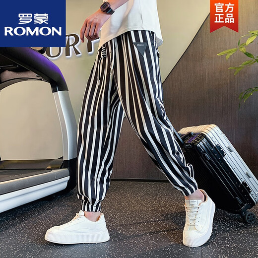 罗蒙（ROMON）夏季薄款条纹休闲裤男士冰丝裤宽松哈伦裤痞帅男裤新款九分裤 黑色 L