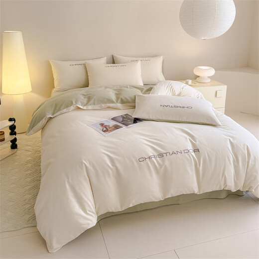 Hengyuan Home Textiles Class A 200-count long-staple cotton simple cotton brushed four-piece set 100 pure cotton bed sheet duvet cover bed sheet autumn ivory white-green bed sheet 1.5m four-piece set