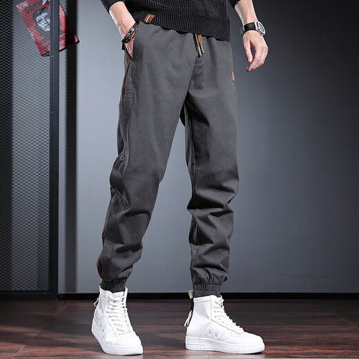 Cotton casual pants for men in spring and autumn men's loose sports pants harem pants work pants versatile tying pants men khaki L size (115Jin[Jin equals 0.5 kg]-130Jin[Jin equals 0.5 kg])