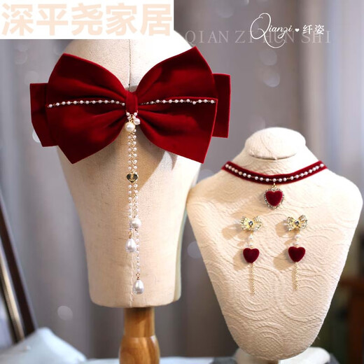 Chuangjingyi chooses a new red velvet bow hair clip simple atmospheric bride toast dress headdress engagement dress hair accessories retro simple tassel bow + 4# necklace + ear needle