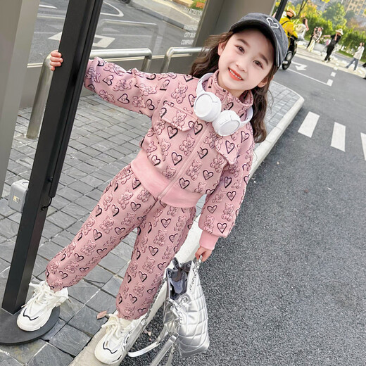 Card card card is for girls autumn suit clothes 2025 autumn new fashion children's long-sleeved jacket little girl sports two-piece suit leather pink suit clothes are too small and take one size larger 130 cm