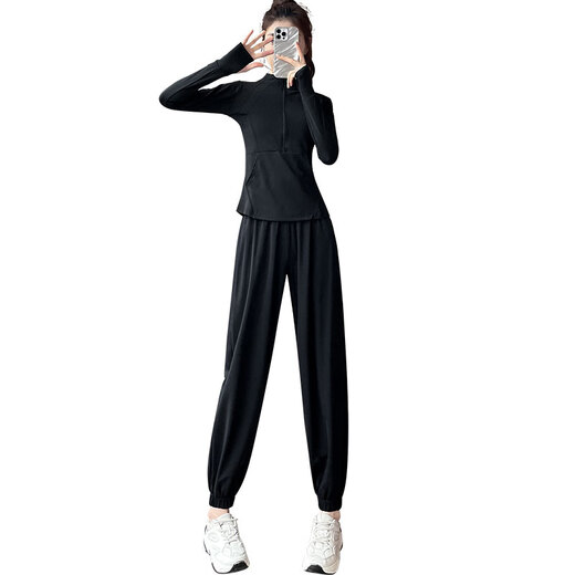 Laifee Feather Running Sports Suit Women's New Quick-Drying Clothing Outdoor Morning Running Suit Fashionable Fitness Pilates Yoga Suit Black + Black S (Please refer to bust and waist for size selection)