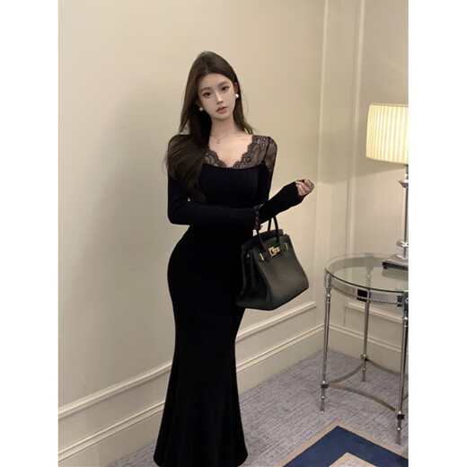 Miao yijia jupe en queue de poisson jupe hip jupe automne et robe d'hiver femme pure désir jupe robe noire jupe longue dame sexy v-cou dentelle en dentelle en dentelle noire