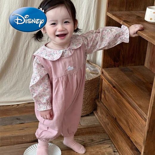 Disney baby suit spring and autumn style sweet floral doll collar shirt embroidered overalls two-piece autumn baby clothes pink rabbit shirt ten overalls two-piece 90 (22-26Jin[Jin equals 0.5 kg])