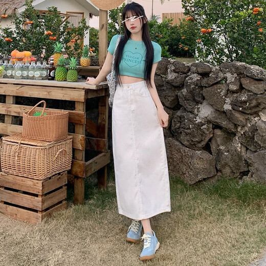 喆炜高腰开叉牛仔半身裙女2024年新款夏季小个子a字半裙复古包臀长裙 白色#3878 XS