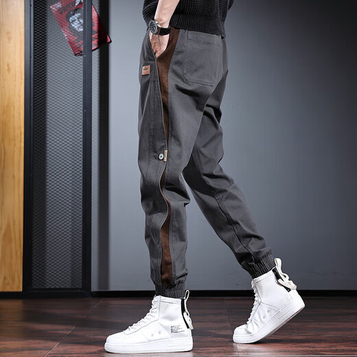 Cotton casual pants for men in spring and autumn men's loose sports pants harem pants work pants versatile tying pants men khaki L size (115Jin[Jin equals 0.5 kg]-130Jin[Jin equals 0.5 kg])