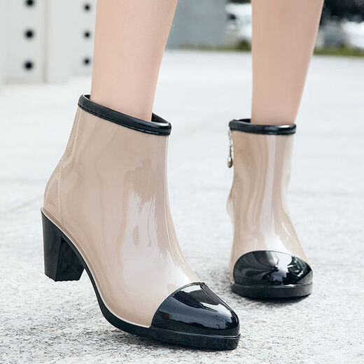 Abba Frühlings- und Sommerregenschuhe Frauen wasserdichte High Heel-Regenstiefel Kurzzylinder-Modefutschuhe Anti-Slip-Kee-Resistenten Wasserschuhe können mit Velvet Khaki 36 hinzugefügt werden