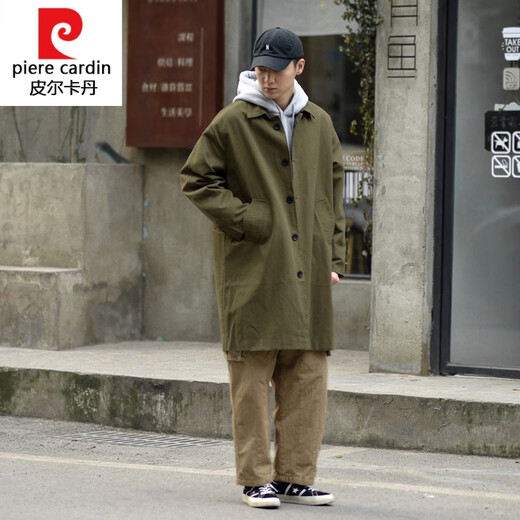 皮尔卡丹（pierre cardin）针织春季日系复古纯色工装中长款风衣男青年宽松休闲翻领大衣外套 卡其色 M 170