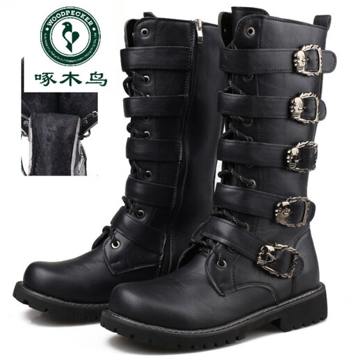 啄木鸟高档轻奢男大码高帮长靴韩版潮流马丁靴男士疯马皮靴英伦高筒靴子 黑色 42