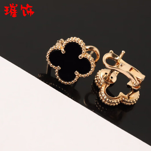 Quality 18k gold earrings rose gold four-leaf clover earrings for women natural carnelian 1.5cm medium rose gold black onyx earrings