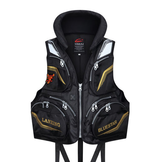 Life jacket fishing large buoyancy lure professional fishing vest adult boat multi-functional rock fishing life jacket sea fishing life jacket blue star black one size adjustable size