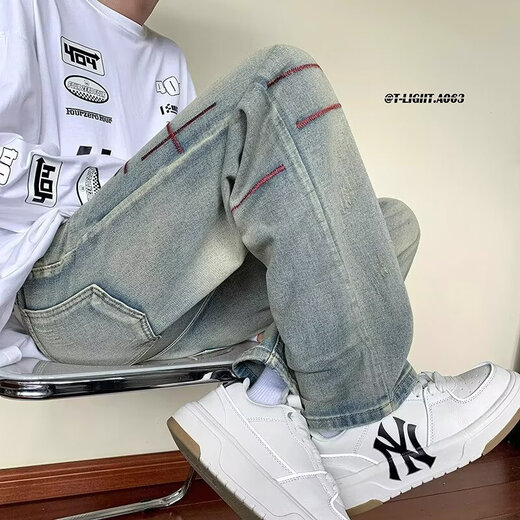 
7 high-quality jeans men's autumn and winter American retro vibe washing pants high street yellow mud strap design casual micro-flare pants CMZ-R826 blue M