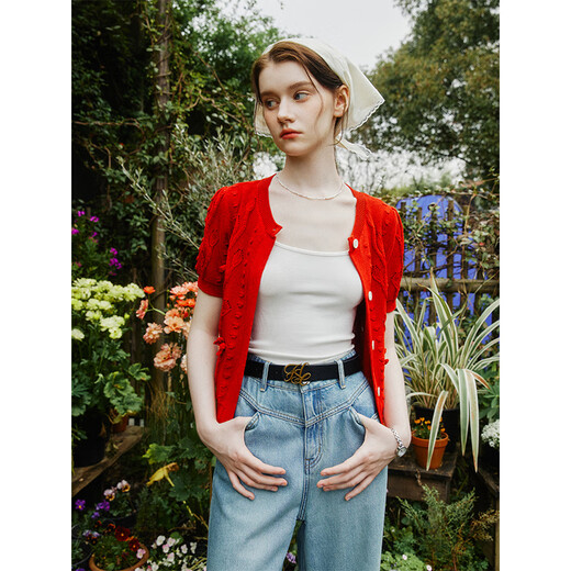 范思蓝恩法式圆领针织衫开衫女夏气质短袖立体花朵上衣24FS12111 红色 S