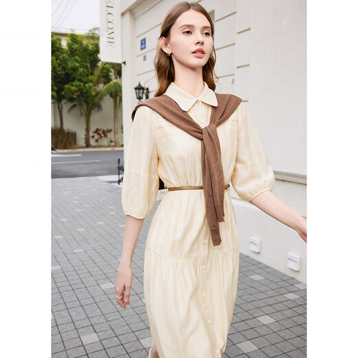 Betu women's spring new dress retro loose French waist slim dress 2402T84 apricot L