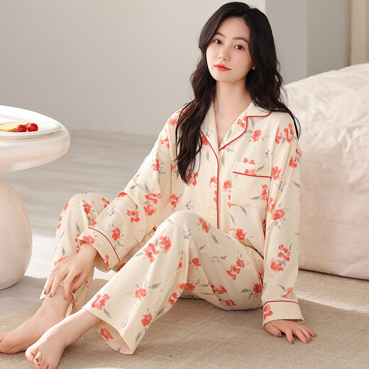 Drei Guns Pyjama Frauen Frühling und Herbst Pure Cotton Long Sleeve Hosen Mode Revers Home Anzug Herbst Baumwoll High-End-Sense Set 9249 L Frauen (Empfohlen 100-120 Jin [Jin ist gleich 0,5 kg])