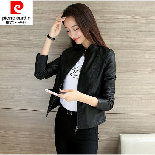 Pierre cardin 23 new leather jacket for women short spring and autumn new stand collar pu small leather jacket leather jacket slim fit slim jacket black XL recommended 105-115Jin [Jin equals 0.5 kg]
